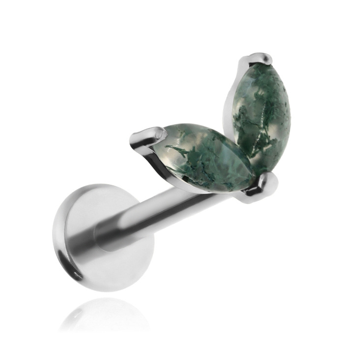 Tytanowy kolczyk labret z agatem mszystym - srebrny