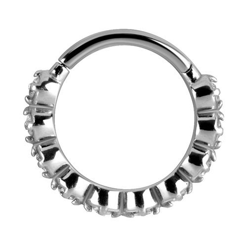 Clicker hoop ring with black zircons - silver - K-006