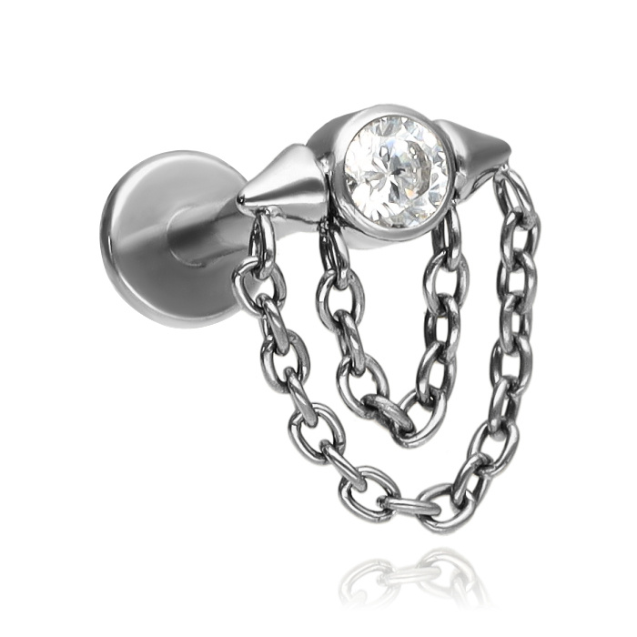 Titanium labret with white zirconia and chains - silver