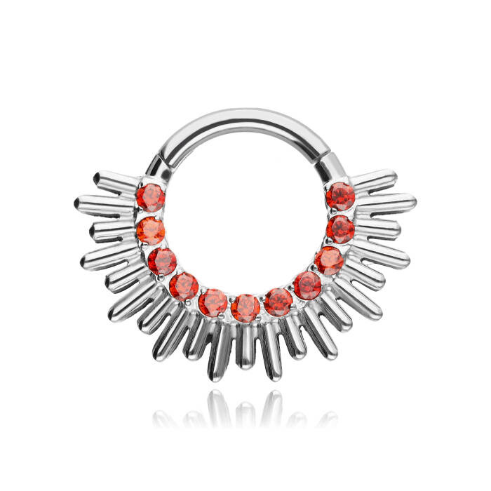 Tytanowy kolczyk clicker z czerwonymi cyrkoniami - srebrny - TK-055