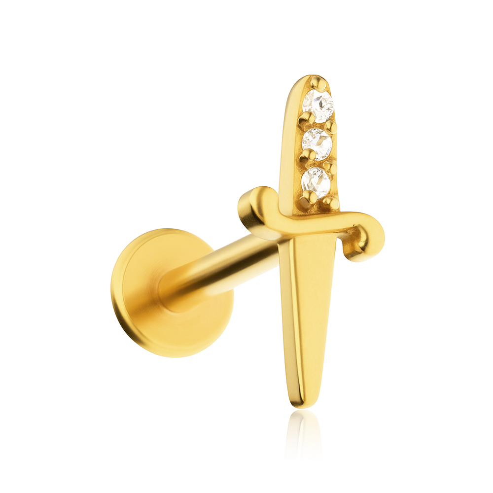 Labret sztylet z białymi cyrkoniami - złoty - LGW-018