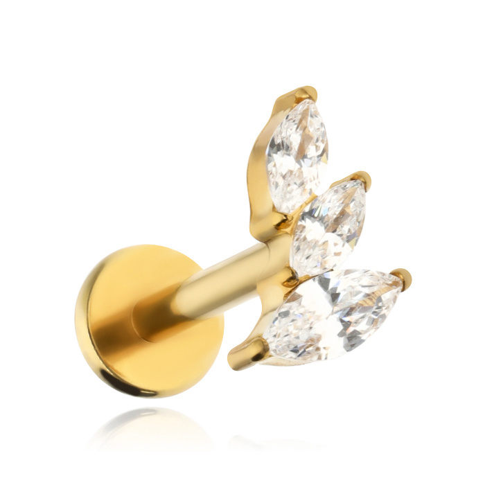 Tytanowy kolczyk labret  z białymi cyrkoniami lewy - złoty