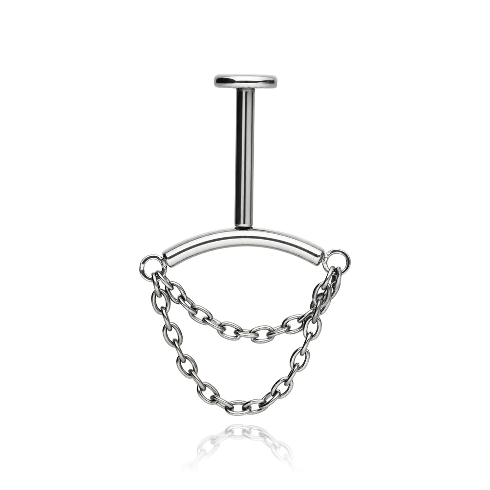 Tytanowy kolczyk labret PUSH IN z z łańcuszkami - srebrny