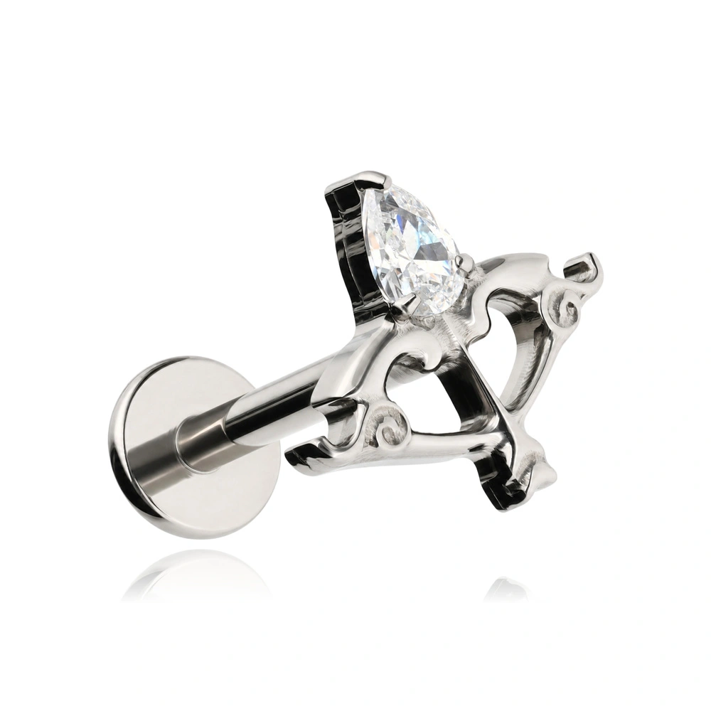 Tytanowy kolczyk labret - łuk z białą cyrkonią - srebrny