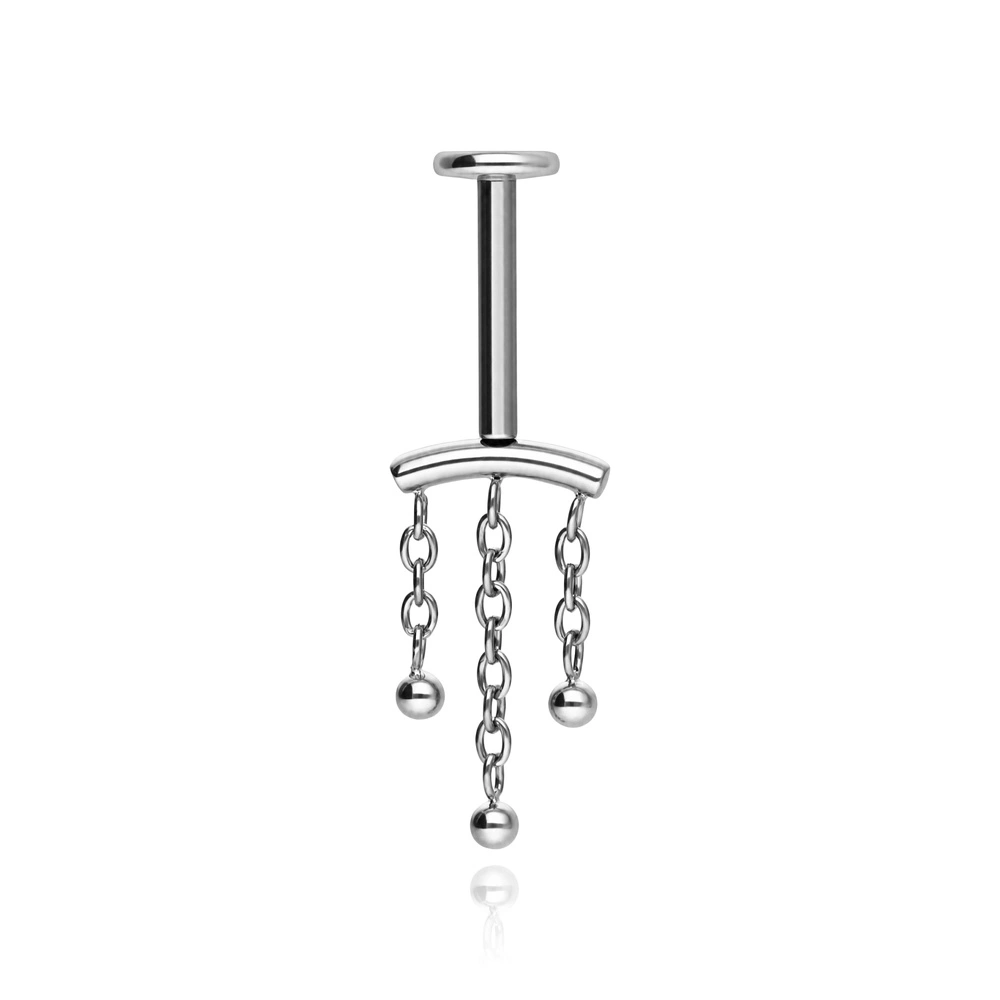 Tytanowy kolczyk labret PUSH IN z łańcuszkami i mini kuleczkami - srebrny