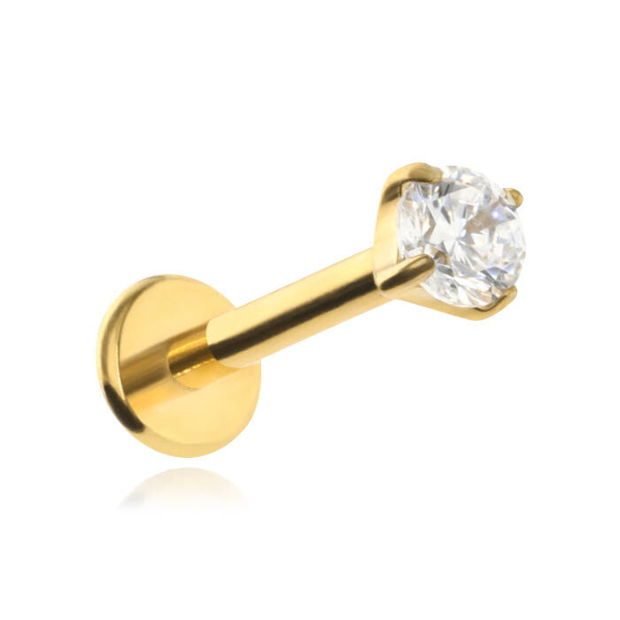 Tytanowy kolczyk labret złoty z białą cyrkonią 