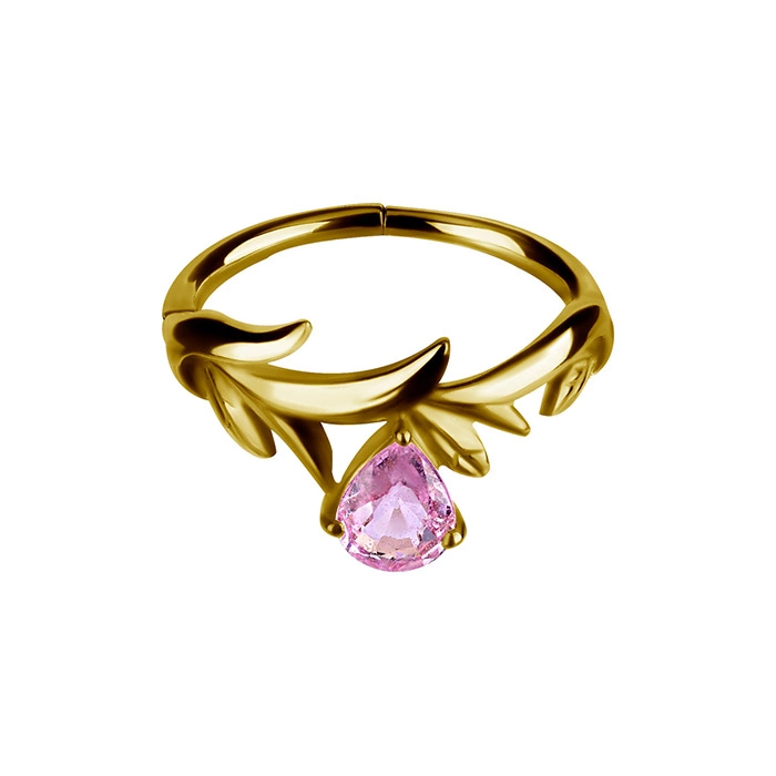 Kolczyk kółko clicker - złoto 18K listki z różowym szafirem  - GD18K-066