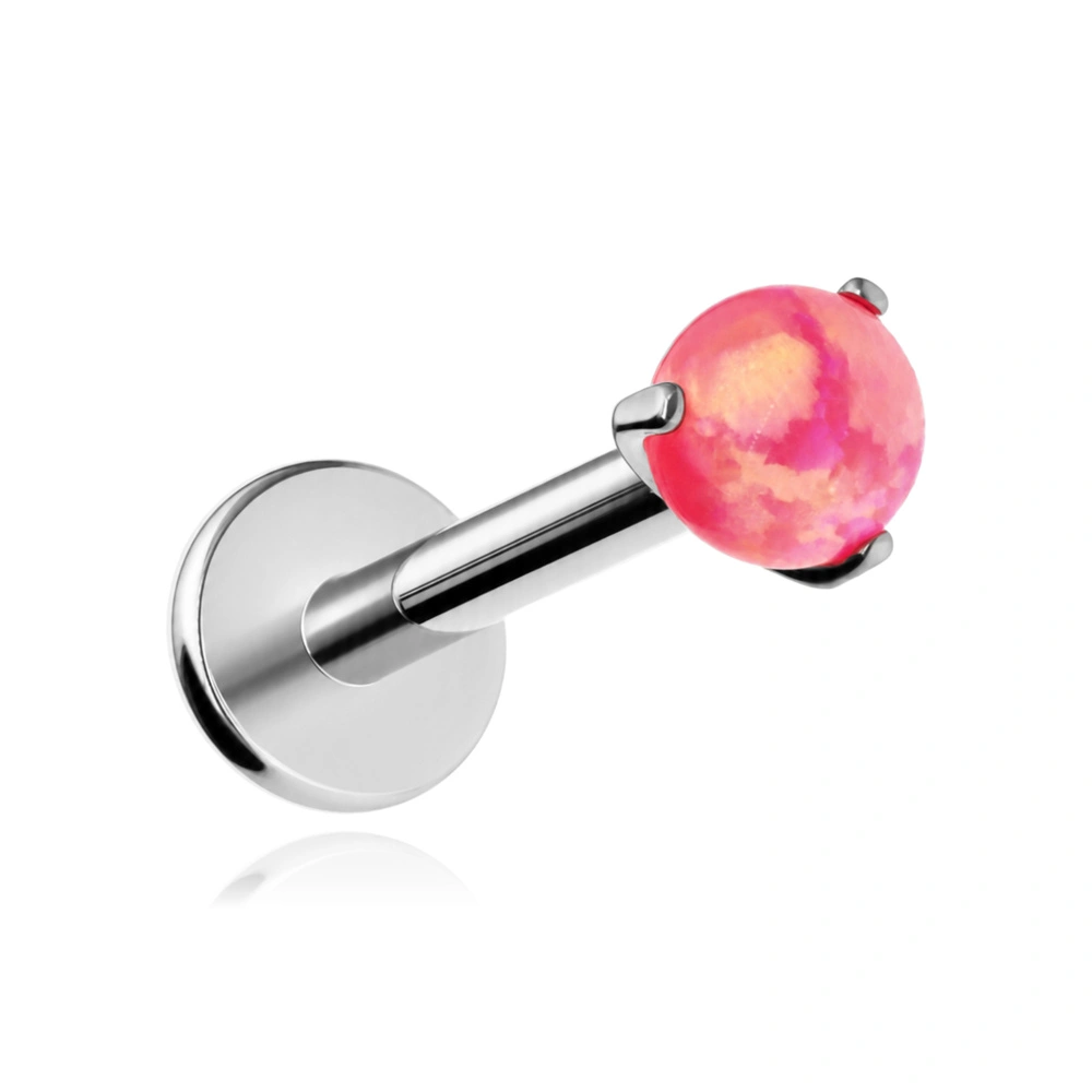 Tytanowy kolczyk labret opal neonowo różowy - srebrny