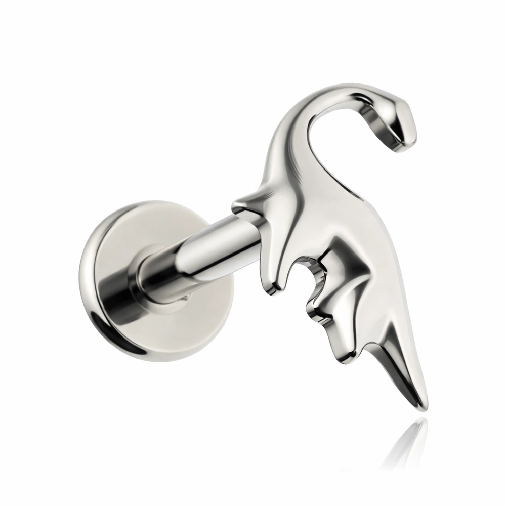 Tytanowy kolczyk labret dinozaur - srebrny