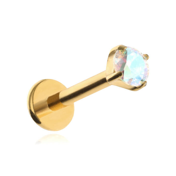 Tytanowy kolczyk labret złoty z opalizującą cyrkonią 