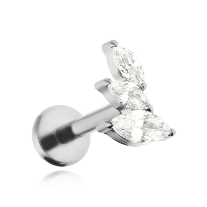 Tytanowy kolczyk labret  z białymi cyrkoniami prawy - srebrny