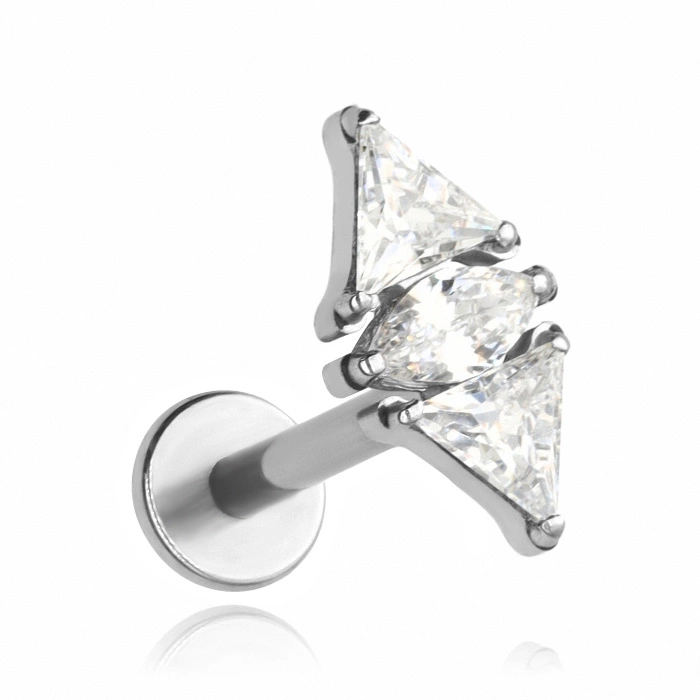 Tytanowy kolczyk labret z białymi cyrkoniami - srebrny