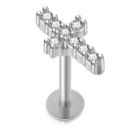 Kolczyk labret - krzyż z białymi kryształkami srebrny - LGW-035