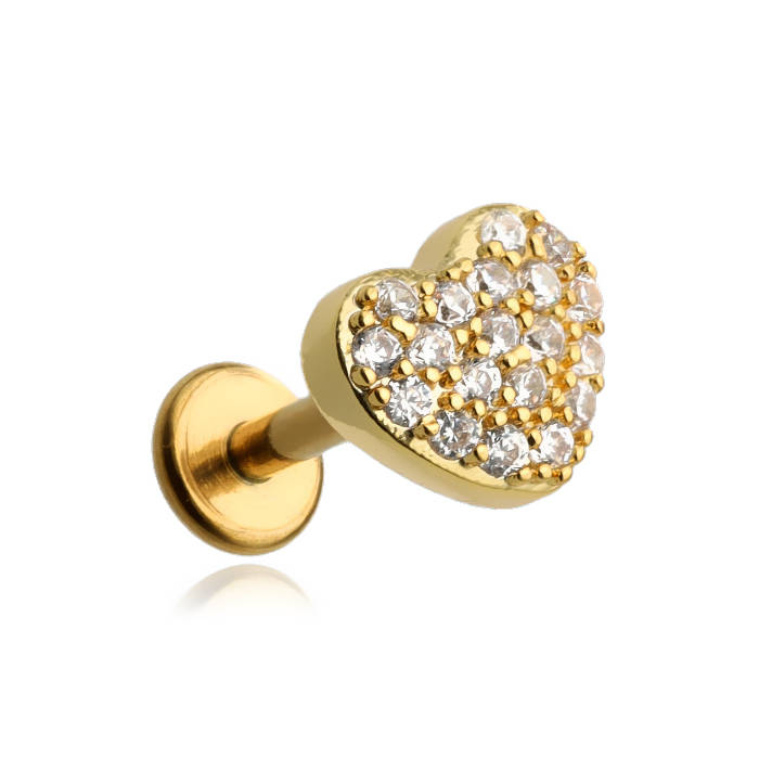 Kolczyk labret - złote serce z białymi kryształkami - LGW-008