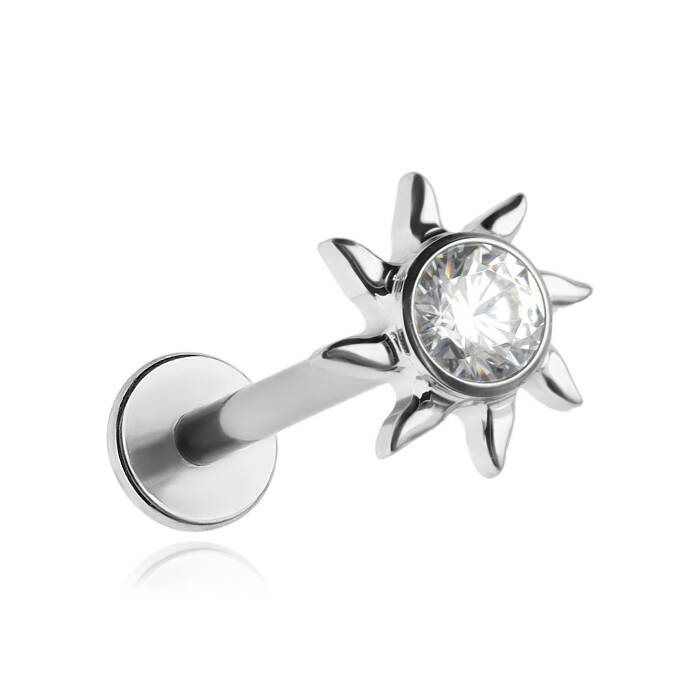 Tytanowy kolczyk labret słońce z białą cyrkonią - srebrny - TGW-166