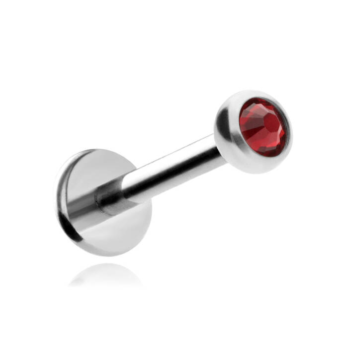 Tytanowy kolczyk labret z czerwonym kryształkiem premium - srebrny