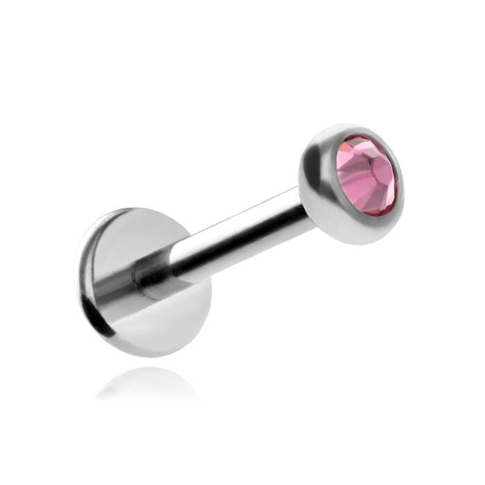 Tytanowy kolczyk labret z różowym kryształkiem premium - srebrny 