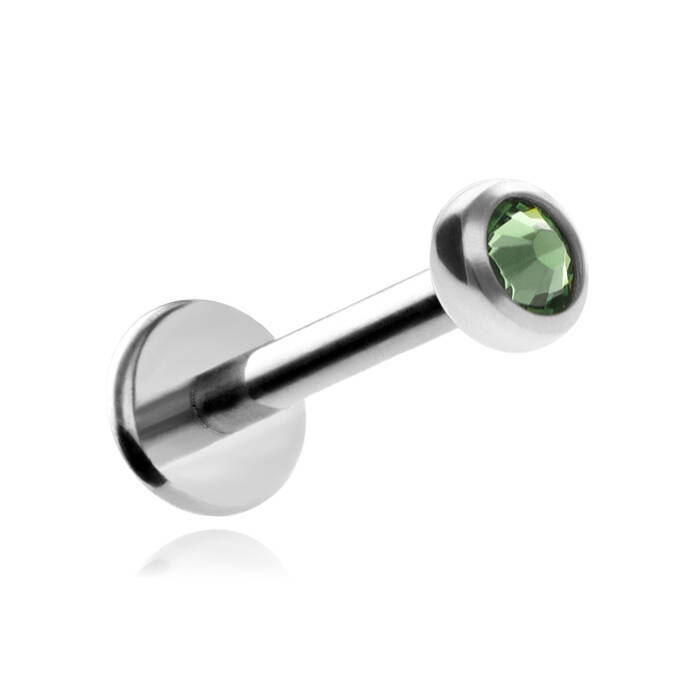 Tytanowy kolczyk labret z zielonym kryształkiem premium - srebrny 