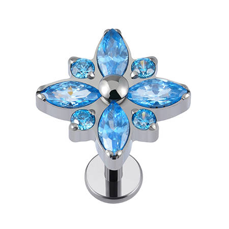 Tytanowy labret srebrny kwiat z niebieskimi cyrkoniami - TGW-106