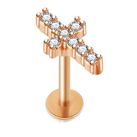 Kolczyk labret - krzyż z białymi kryształkami różowe złoto - LGW-035