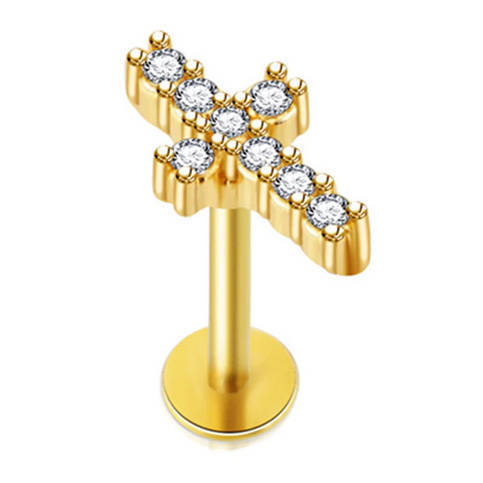 Kolczyk labret - krzyż z białymi kryształkami złoty - LGW-035