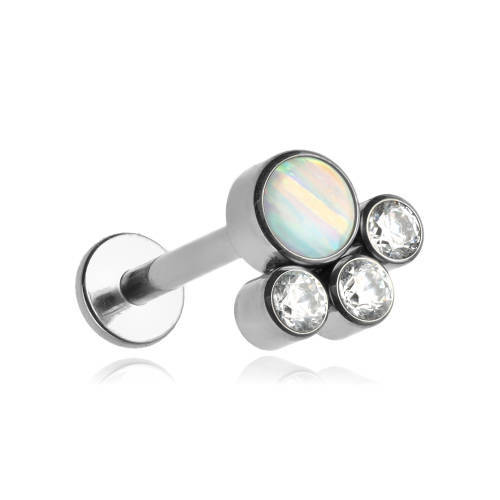 Tytanowy labret ozdobny - jasnoniebieski opal i białe cyrkonie - TGW-048