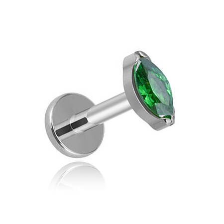 Tytanowy labret srebrna łezka z zieloną cyrkonią - TGW-107